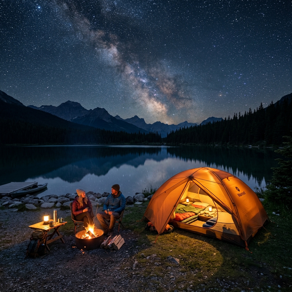 Camping campsite illuminated at night with lantern