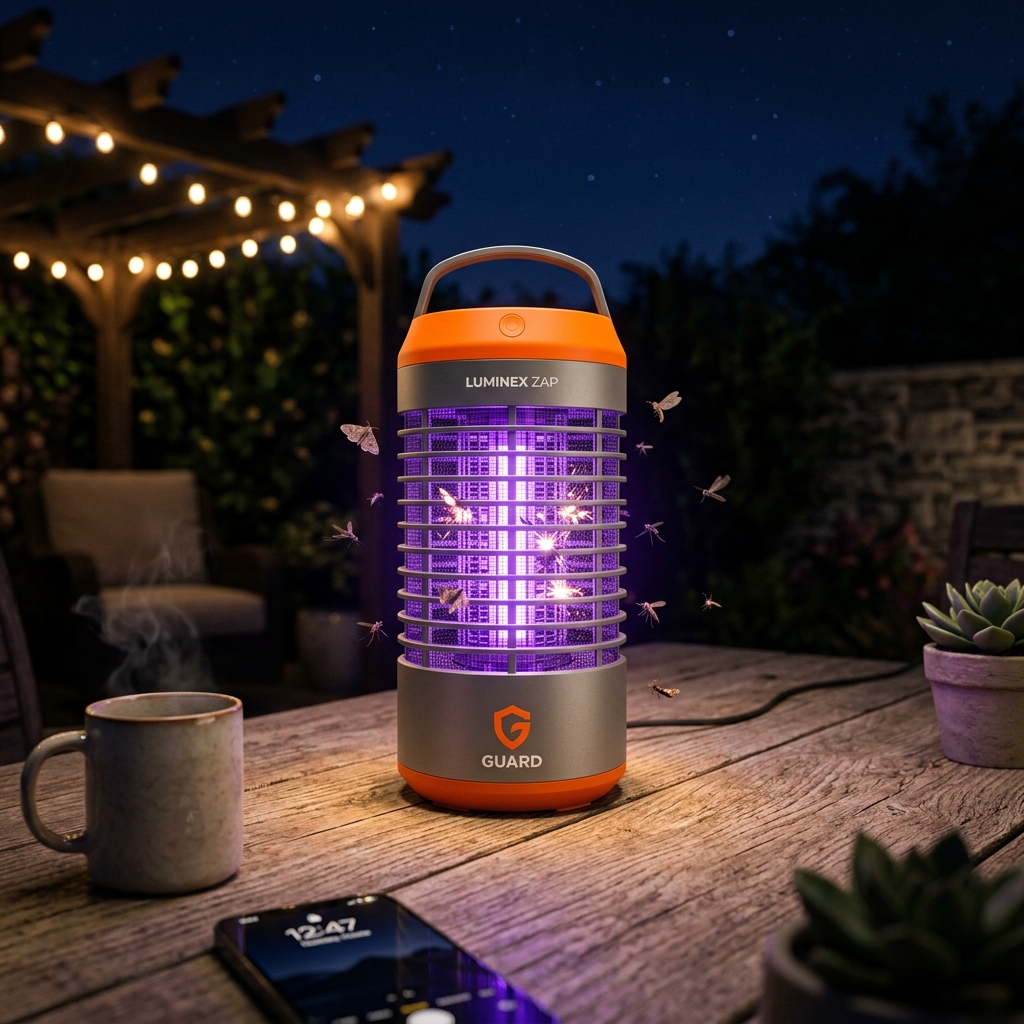 BuzzKrush glowing on patio table at night catching bugs